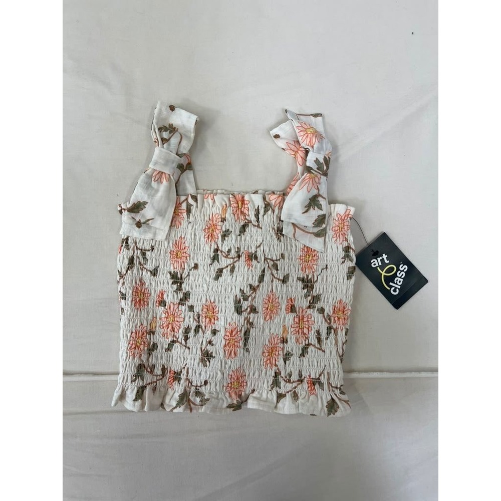 Art Class Girls Floral Smocked Tank Top White Peach Bow Straps Size S 6/7 NWT
